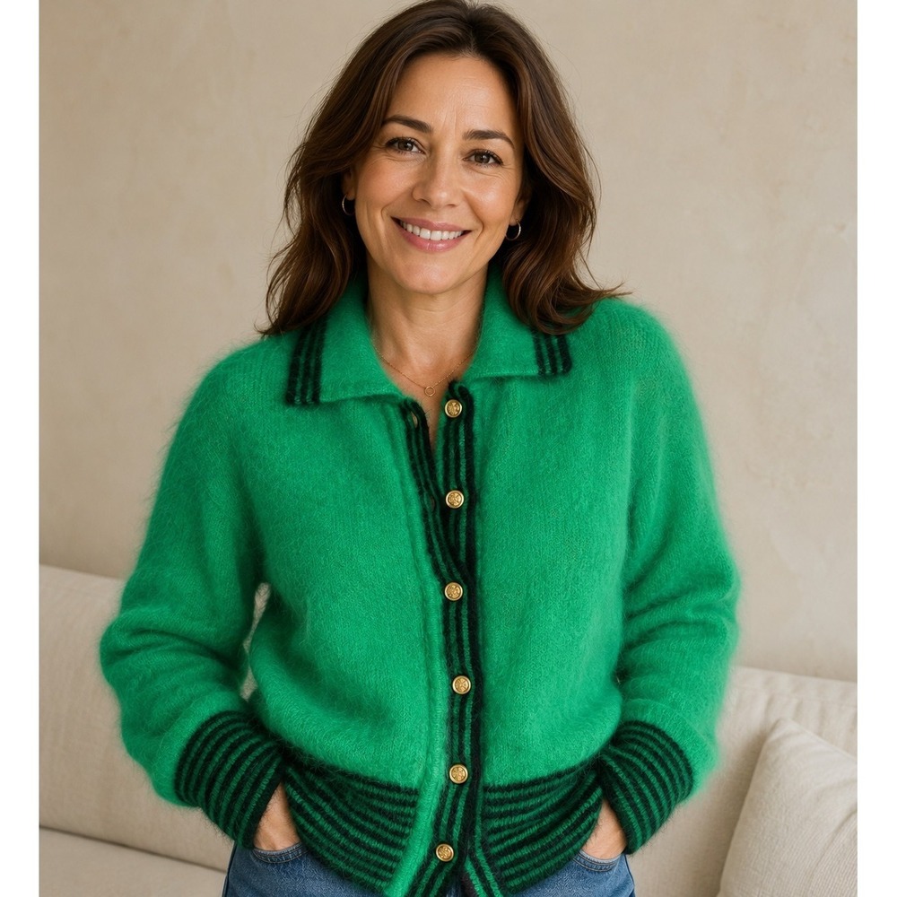 Vtg Green Angora Rabbit Fur Cardigan Gold Button Fuzzy Sweater Stunning Large L